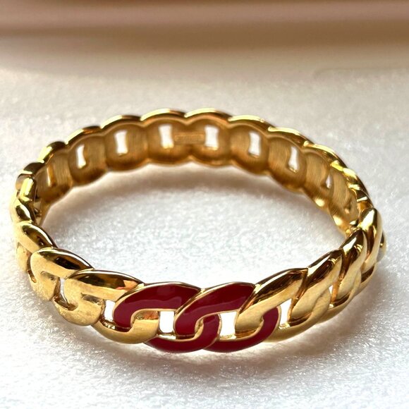 Vintage Monet Fixed Chain Link Bracelet With Red Enamel Accents Signed - Picture 1 of 8